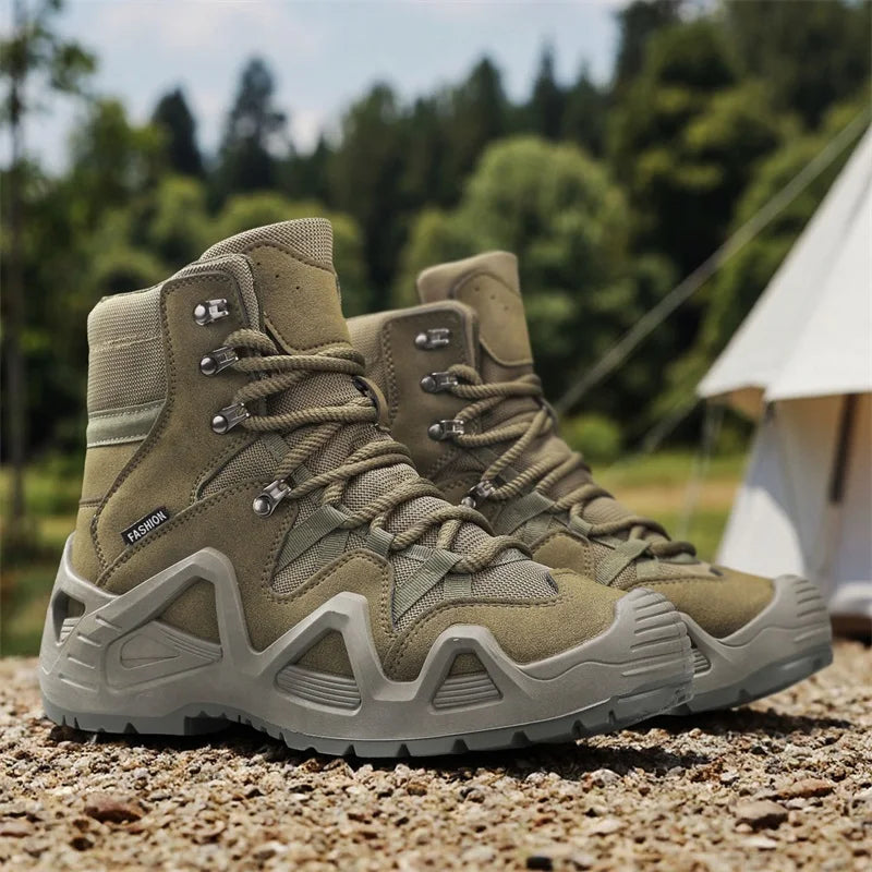 Outdoor Suede Leather Hiking Shoes Men Non-slip Training Mountain Trekking Boots Men Green Combat Tactical Boots Plus Size 46