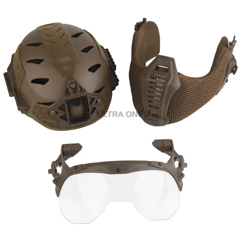 Tactical Full Protective Helmet with Half Face Mask Mouthguard/Flip Goggles/Ear Cover Hunting Airsoft Paintball Wendy 3.0 Helmet