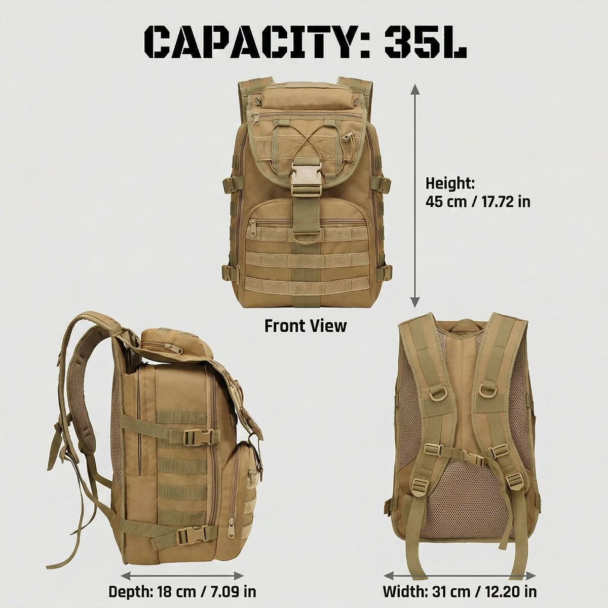 35L Gym Training Backpack for Men with MOLLE System & Smooth Zipper, Tactical Fitness Rucksack for Weightlifting CrossFit Cardio Workout Equipment Storage