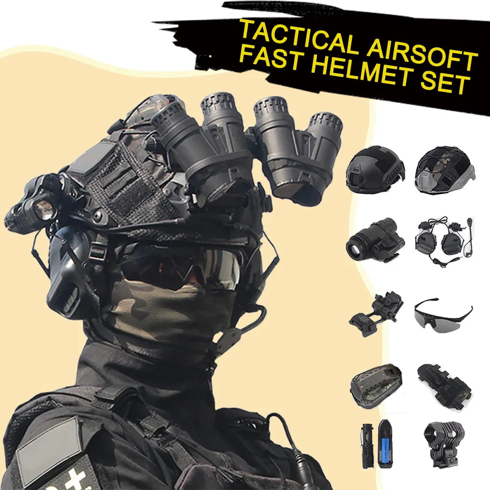 Tactical Airsoft Helmet Set with Telescope Model Headphones Signal Light Flashlight Shooting Range Cosplay Equip for Hunting