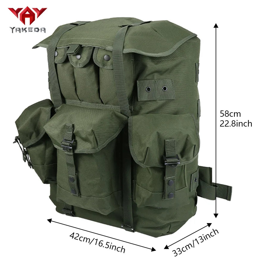 Hot selling iron frame olive green backpack for mountaineering, large capacity camping supplies backpack