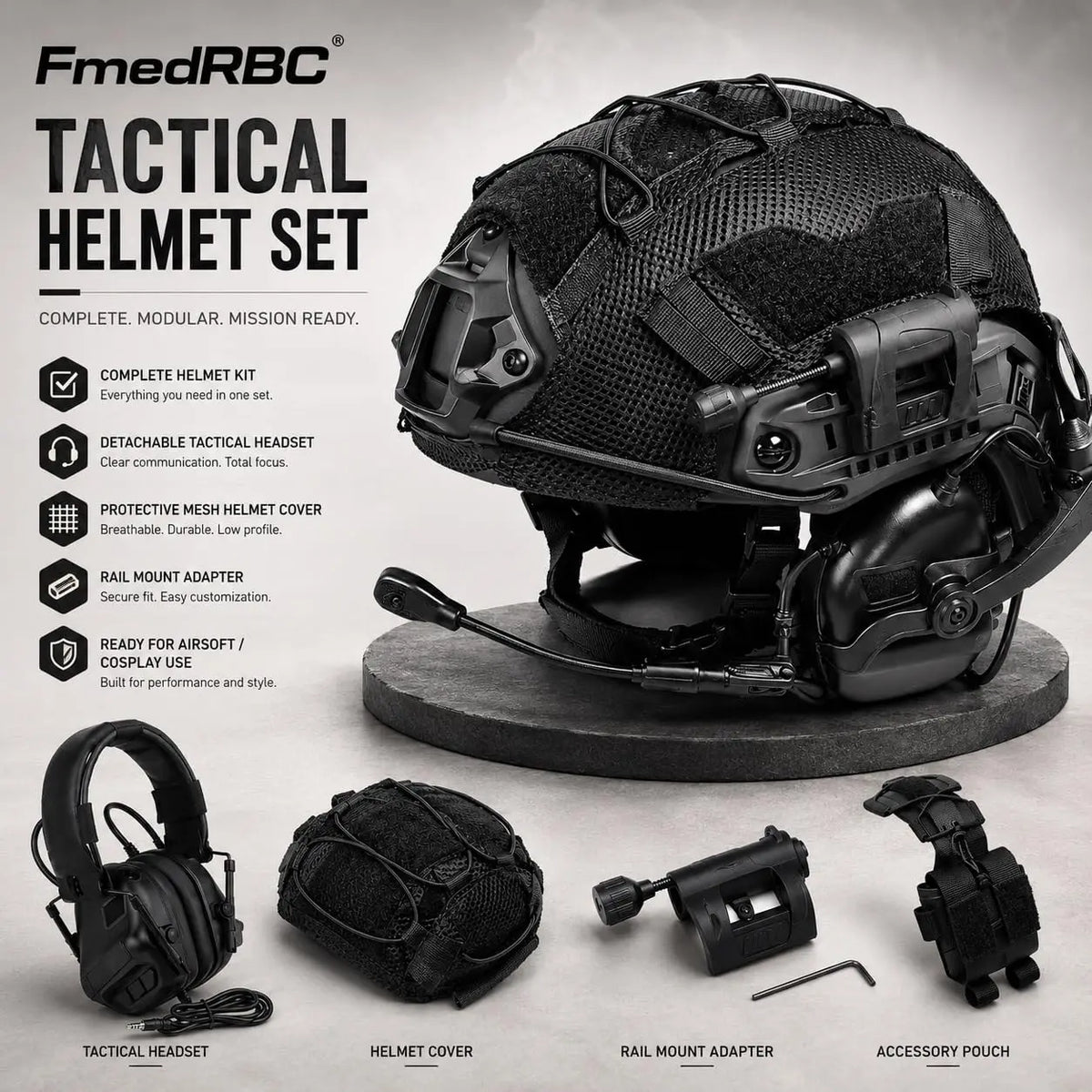 Tactical Helmet Set with Comms Headset Mesh Cover Detachable Boom Mic Counterweight Pouch for Airsoft, Paintball, Cosplay