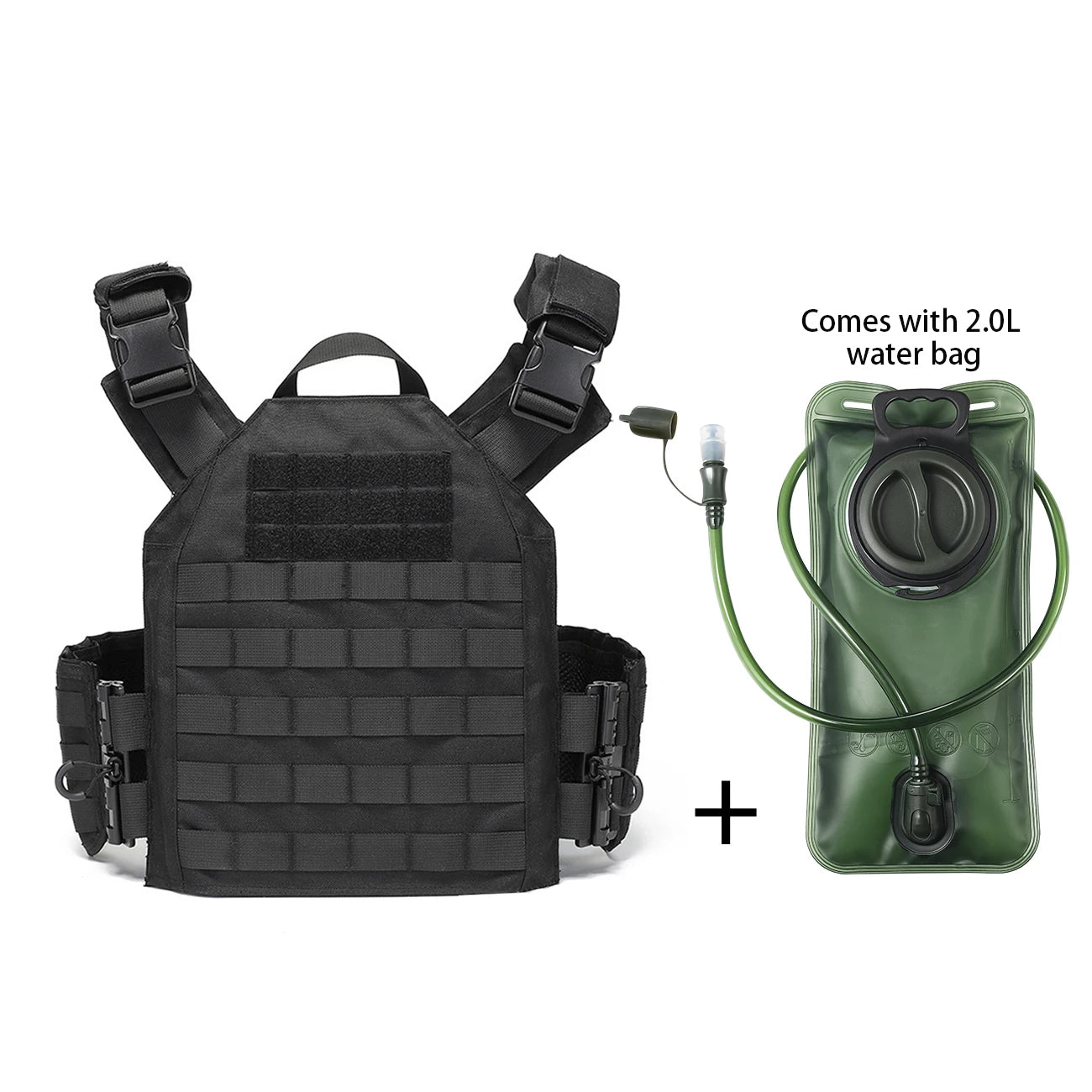 MOLLE webbing system hunting vest comes with a 2.0-liter capacity water bag, quick release buckle, water hose, and bite