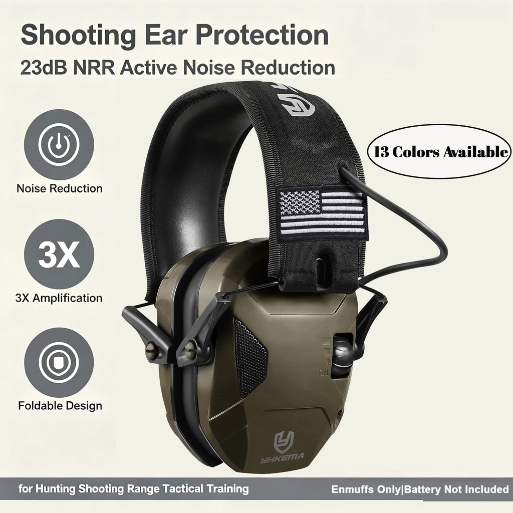 Electronic Shooting Ear Protection YHKEMA NRR23 Foldable Tactical Earmuffs Adjustable Volume For Shooting Range Hunting