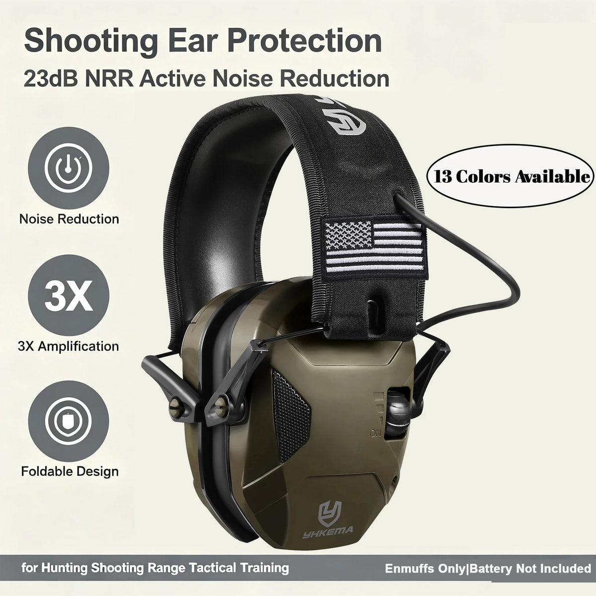 Electronic Shooting Ear Protection YHKEMA NRR23 Foldable Tactical Earmuffs Adjustable Volume For Shooting Range Hunting
