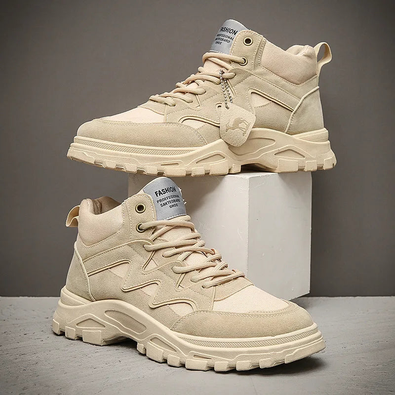 2025 New Outdoor Men Ankle Boots Luxury Platform Men Cowboy Boots Lace Up Anti-Slip Training Shoes High Top Men Motorcycle Boots