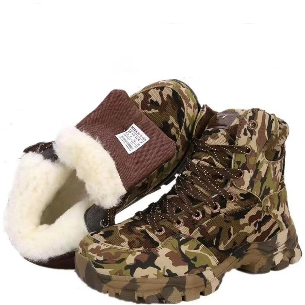 Winter Men's Outdoor Camouflage Hunting Boots Wool Lining Warm Non-Slip Waterproof Snow Shoes High-Top Mountaineering Boots