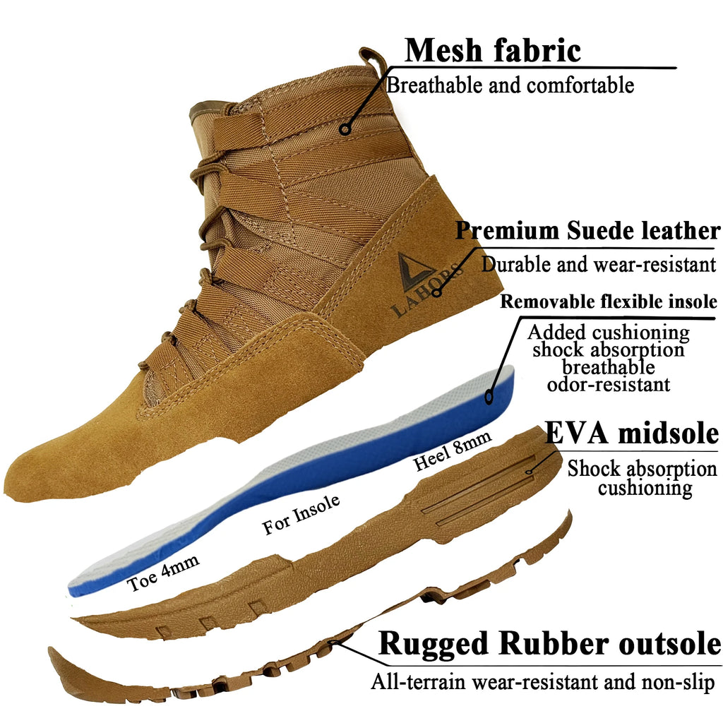 LAHORS® 6 Inch Lightweight Suede Leather Tactical Combat Boot Men Outdoor Hiking Desert Army Shoes Breathable Male Ankle Boots