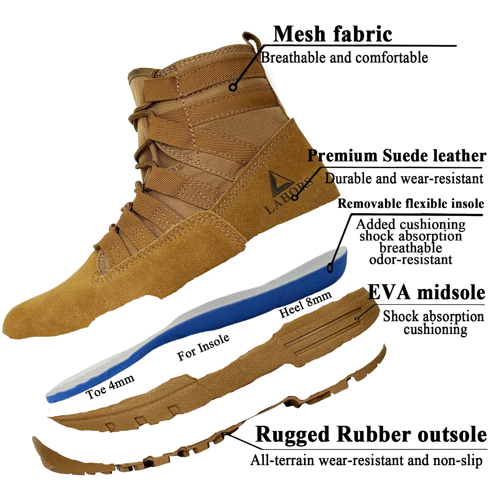 LAHORS® 6 Inch Lightweight Suede Leather Tactical Combat Boot Men Outdoor Hiking Desert Army Shoes Breathable Male Ankle Boots