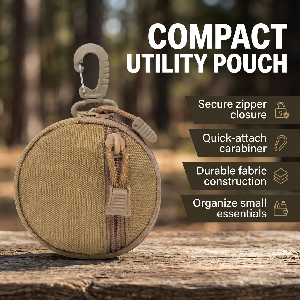 1000D Tactical Mini Round  Pouch Zipper Utility Bag with Carabiner Clip for Earbuds Keys Coins Outdoor Camping Gear Tool