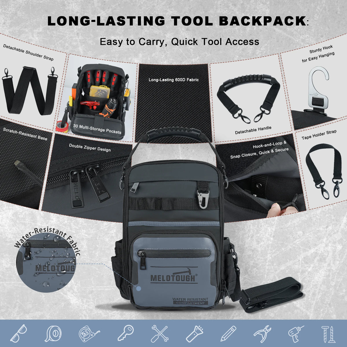 Small Tool Backpack for Men 30 Multi-Storage Pockets Heavy Duty Tool Bag Backpack with Dual-Form Shoulder Strap