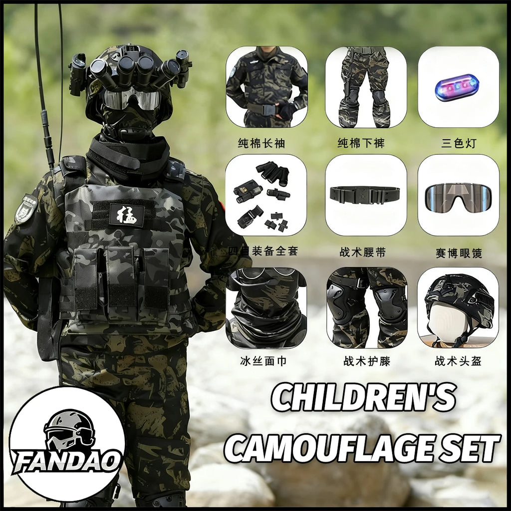 Kid's Camouflage Set with Tactical Helmet Gear Accessories for Airgun Paintball Shooting Special Forces Children's Training Suit