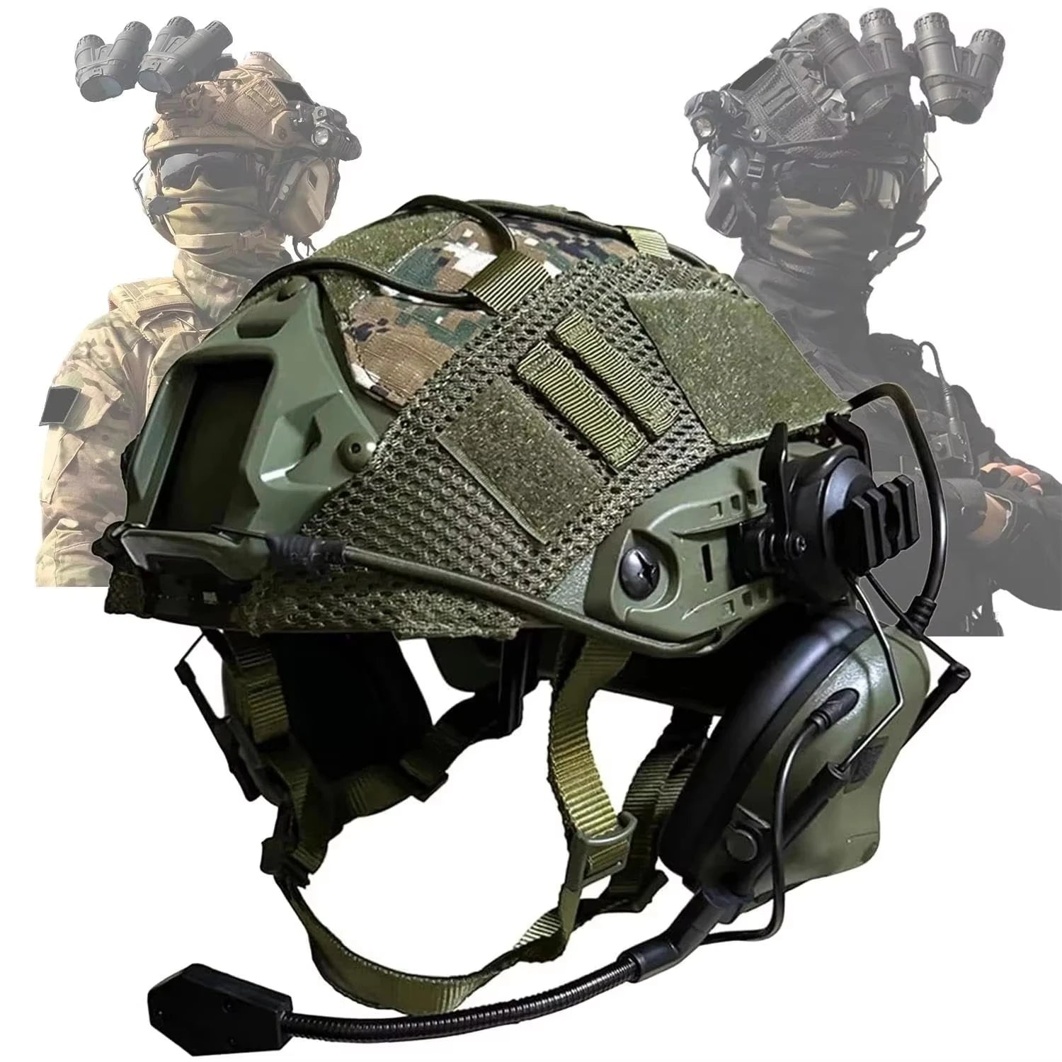 Airsoft FAST Helmet Set with Tactical Communication Headset Camo Helmet Cover Hunting Paintball CS Game Protection Accessories