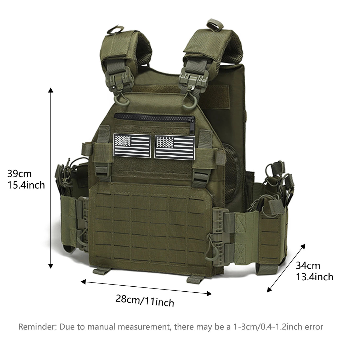 Molle quick release hunting vest with adjustable shoulder straps and waist circumference, equipped with multiple device bags