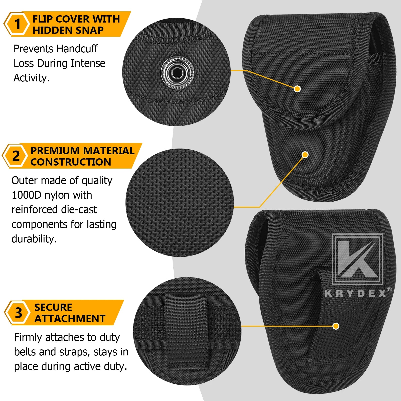 KRYDEX Tactical 1000D Nylon Handcuff Case Single Handcuff Pouch Hidden Snap For Law Enforcement & Security Guard Equipment