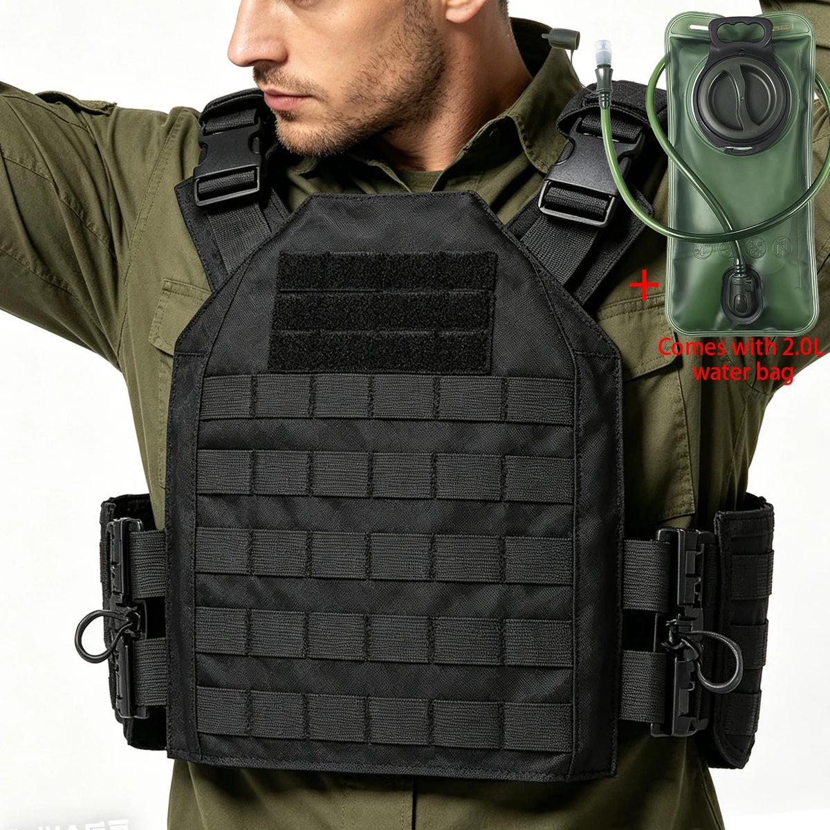 MOLLE webbing system hunting vest comes with a 2.0-liter capacity water bag, quick release buckle, water hose, and bite