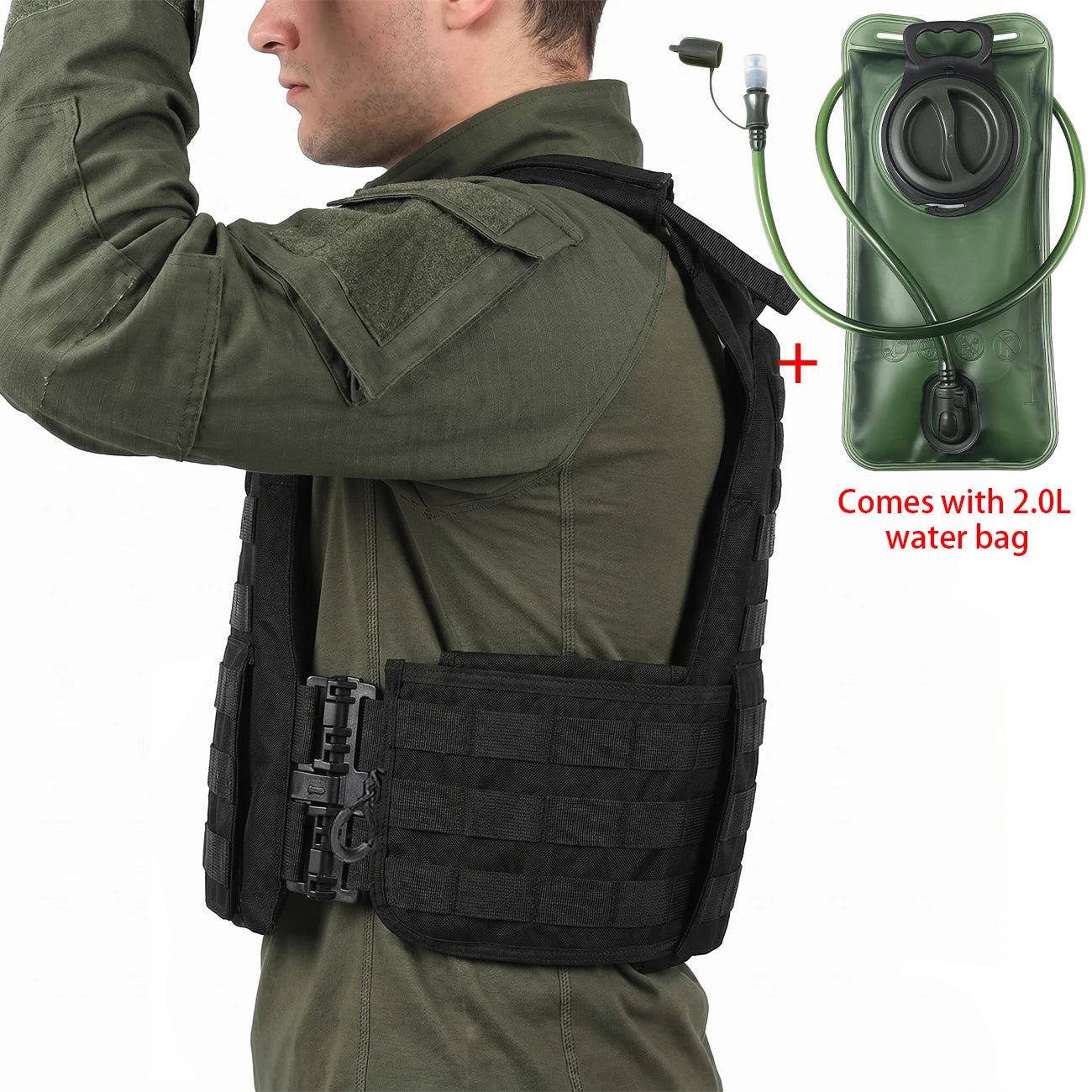 MOLLE webbing system hunting vest comes with a 2.0-liter capacity water bag, quick release buckle, water hose, and bite