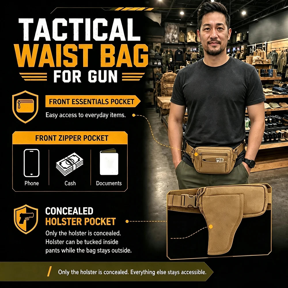 Tactical Waist Fanny Pack Concealed Carry Pistol Gun Bag Anti-Theft Hidden Gun Hip Bag Crossbody EDC Tool Bag for Hunting Hiking
