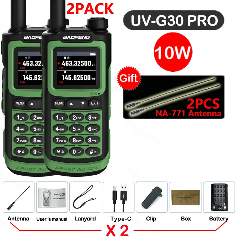 2PCS Baofeng 10W 50KM Walkie Talkie 4-Bands Long Range Hunting Ham Radios Copy Frequency 999CH NOAA Two-Way Radio UV-G30 Pro V1