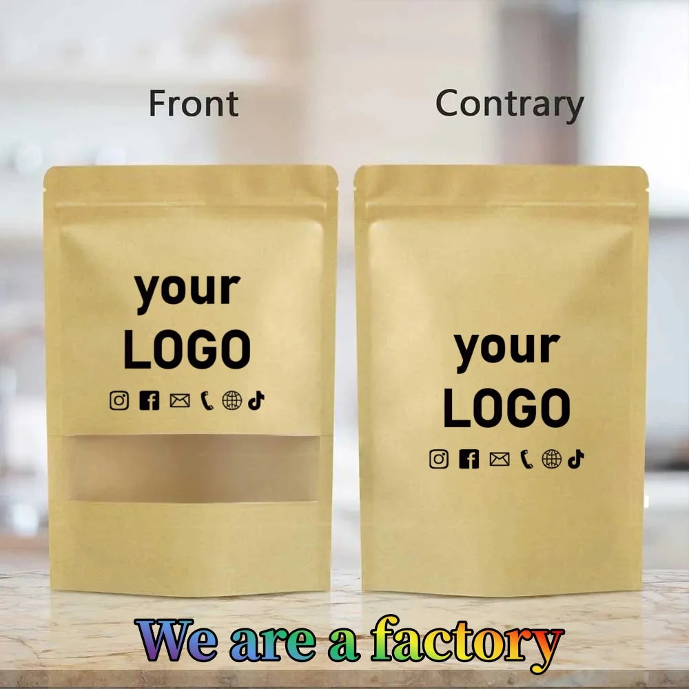 10-50pcs Customizable Logo Zipper Kraft Paper Window Bags for Biscuits Nuts Snacks Tea Packaging Seal Self-Sealing Bags