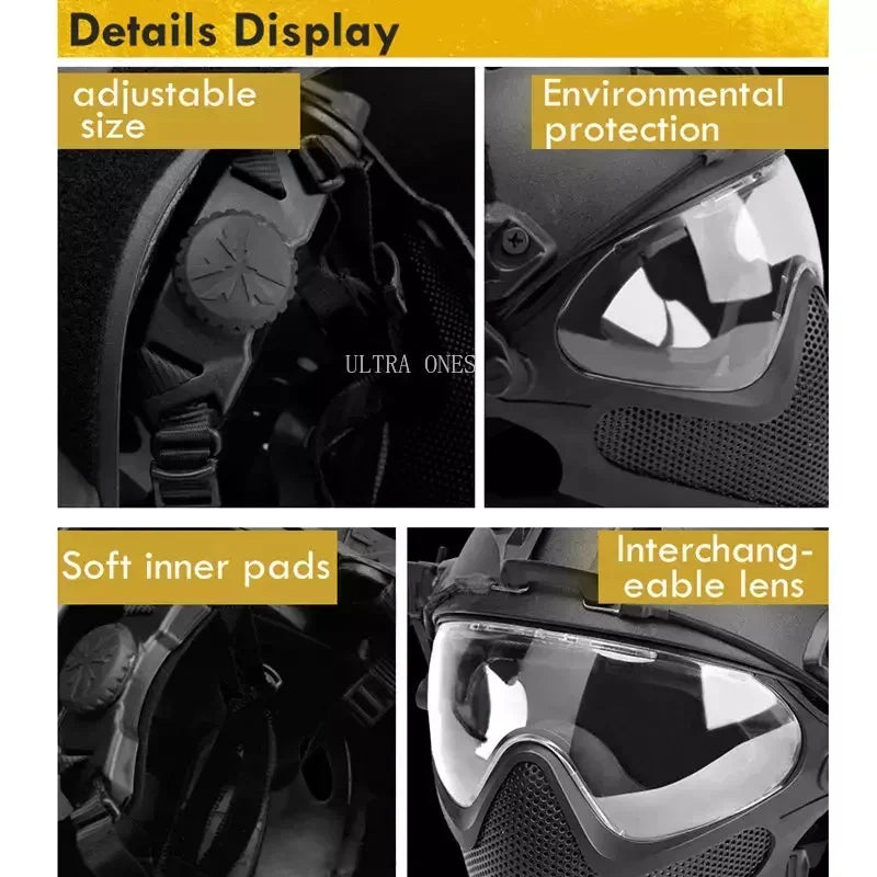 Tactical Helmet + Mask + Goggle Sets Airsoft Shooting FAST PJ Helmets Wargame Cs Paintball Full Face Protection