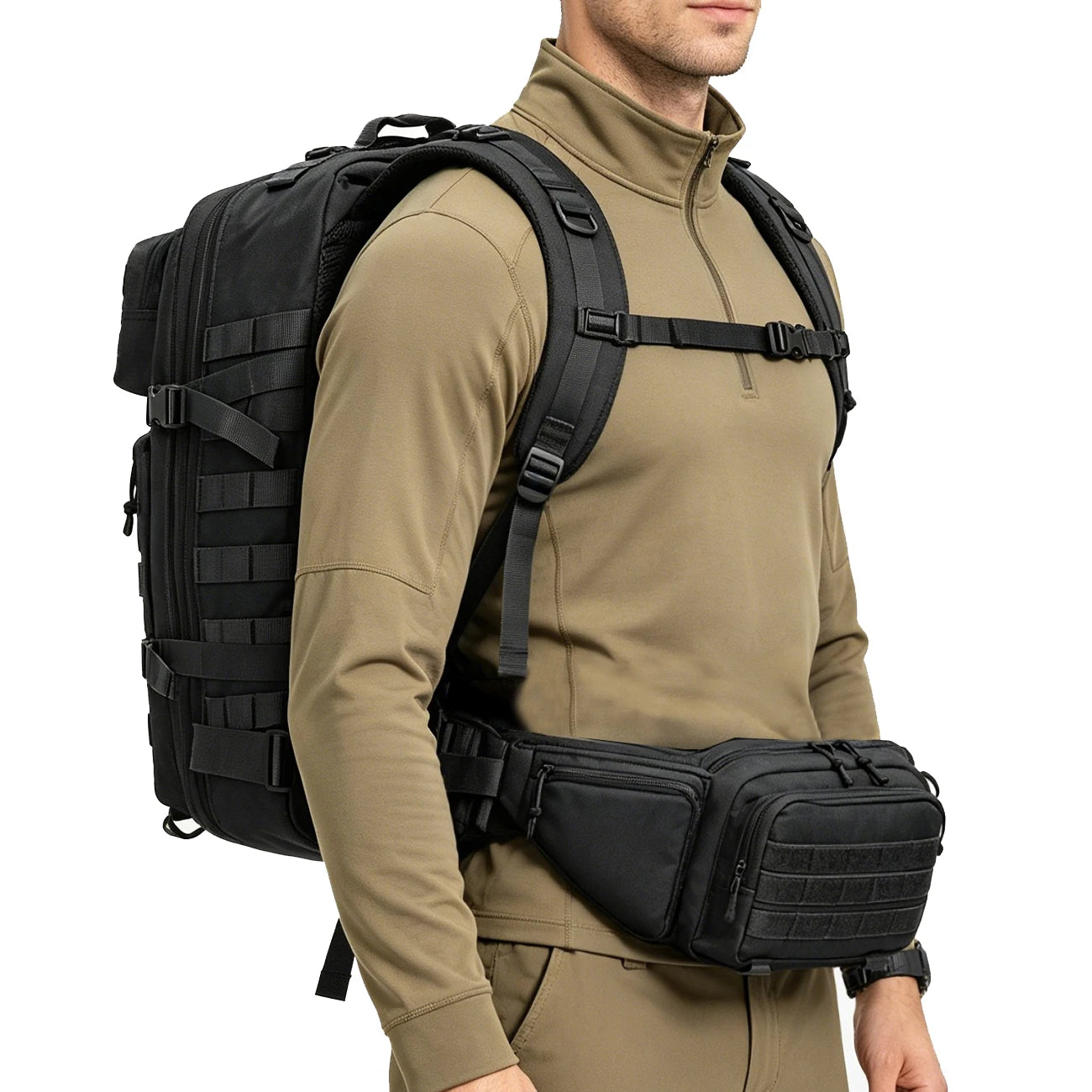 Large capacity backpack+matching adjustable waist bag, rich internal compartments, strong expandability, quick buckle strap