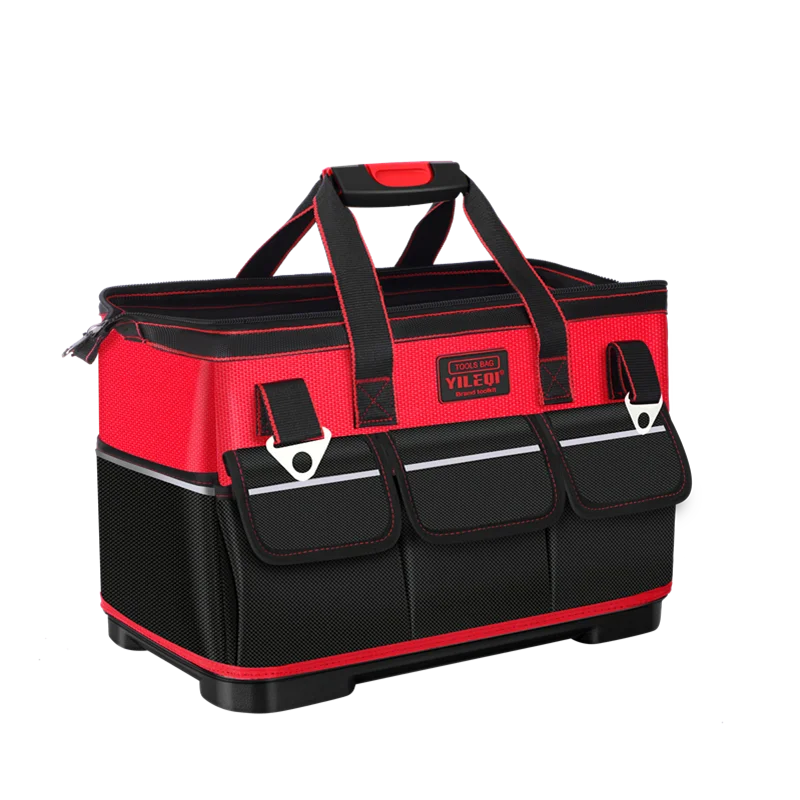 A Red Electrician'S Tool Bag Available in 17-Inch, 19-Inch, And 23-Inch Sizes, Featuring a Square Pocket Made of Thick Canvas And Oxford Cloth, Designed for Maintenance Tool