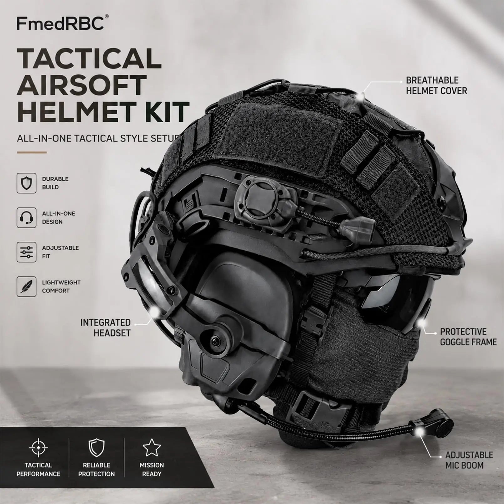 Full Tactical Airsoft Helmet Set with Communication Headset Goggles Rail-Mounted Light for Paintball CS Cosplay Outdoor Sports