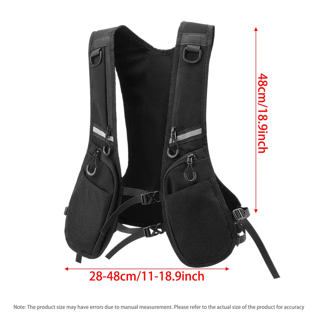 Black jacket vest with multiple pockets, quick release buckle for adjustable waist, outdoor sports reflective tape