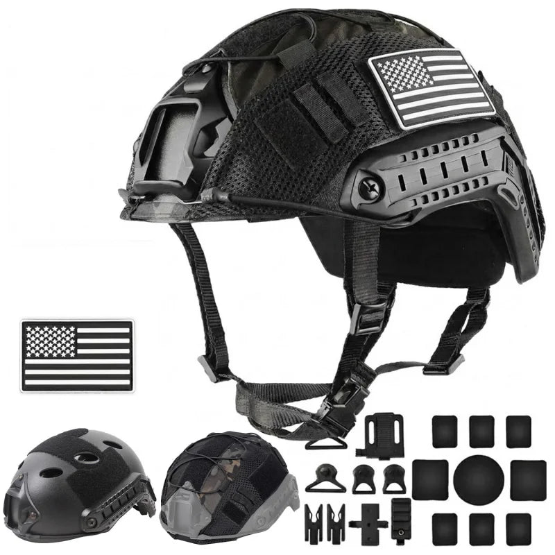 Airsoft Helmet, Fast PJ Type Tactical Paintball Helmet with Helmet Cover & Buffer Pads for Airsoft Paintball Cosplay Training