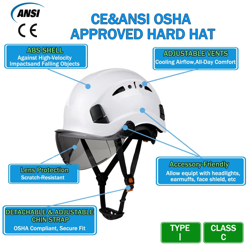 CE ANSI Summer Breathable Safety Helmet with Sun Visor Goggles Vented Construction Hard Hat Outdoor Work Protective Cap