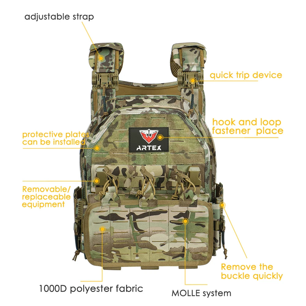 Artex High Quality Outdoor Tactical Vest Lightweight Multi-Use Hiking Hunting Waterproof Molle Tactical Vest Can Plate Carrier
