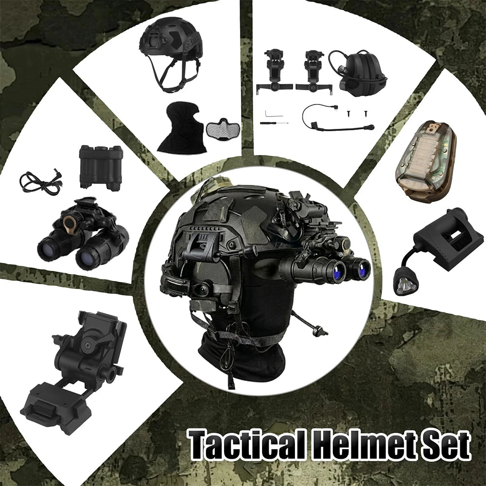 Tactical FAST Helmet Set with NVG Model Headset & Signal Light Adjustable Airsoft Military Gear for Cosplay Shooting Hunting