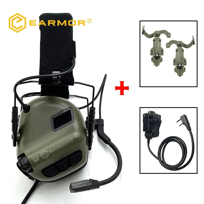 EARMOR M32 SE Shooting Earmuffs Tactical Noise Reduction Headset with Helmet ARC Rail Adapter with Kenwood PTT Adapter New