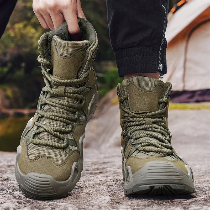 Outdoor Suede Leather Hiking Shoes Men Non-slip Training Mountain Trekking Boots Men Green Combat Tactical Boots Plus Size 46