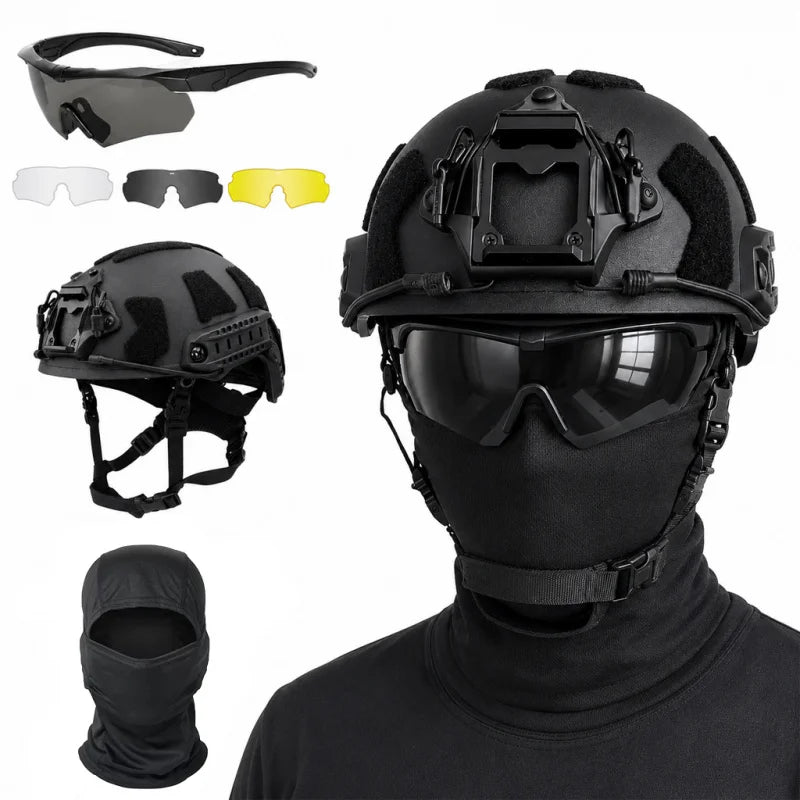 Military Tactical Helmet Set - Multi-Lens Goggles & Full Face Mask, Riot Airsoft CS Protective Gear for Outdoor Sports