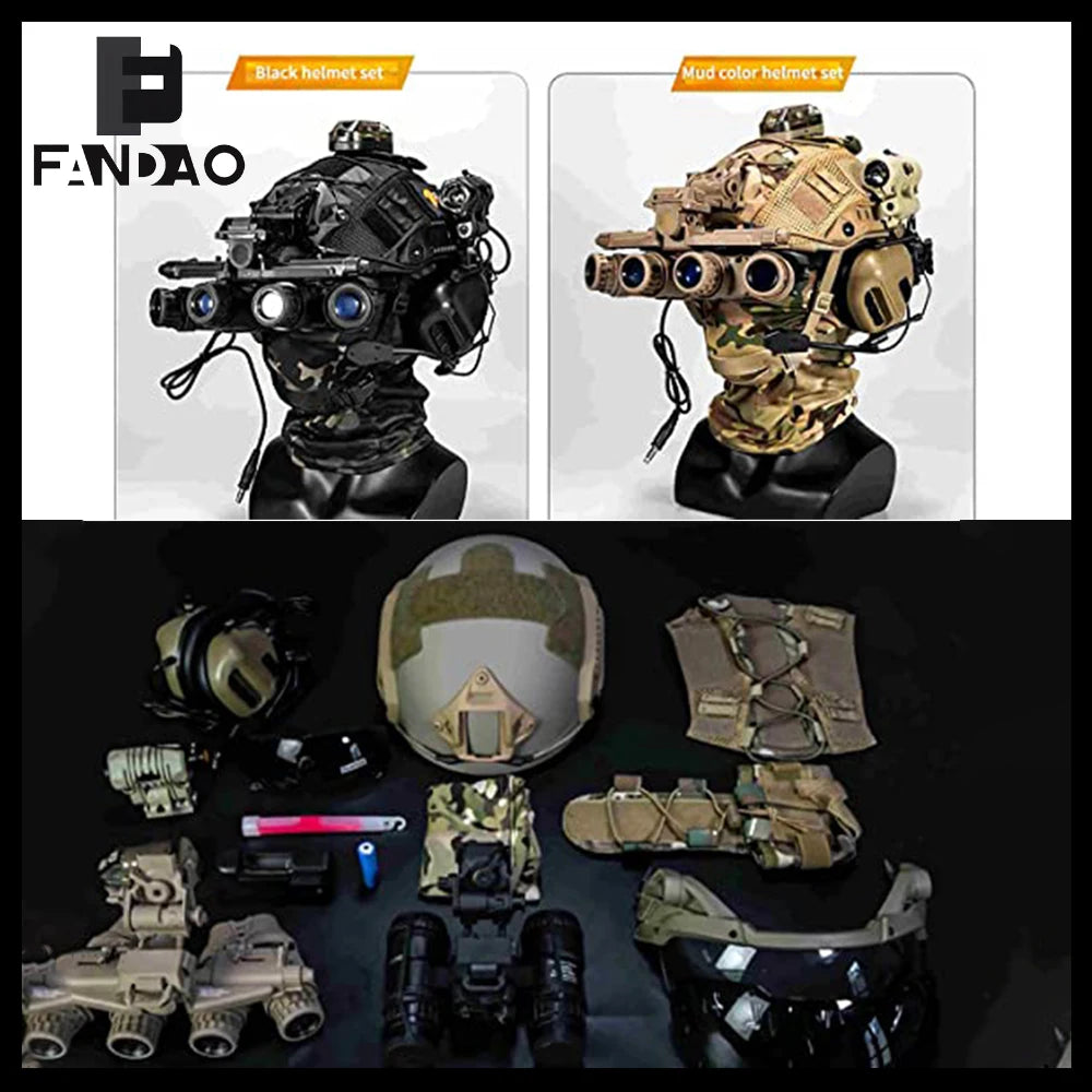 Tactical Fast Helmet Set Airsoft Paintball Protective Equipment with Visor NVG Model Flashlight Earphone for CS Hunting Shooting