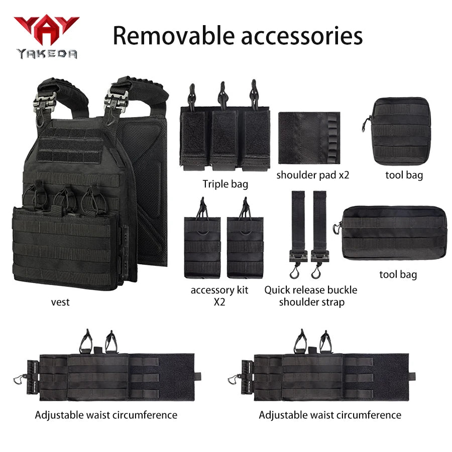 YAKEDA waist and shoulder straps with quick release buckles, MOLLE system with multiple accessories package hunting vest