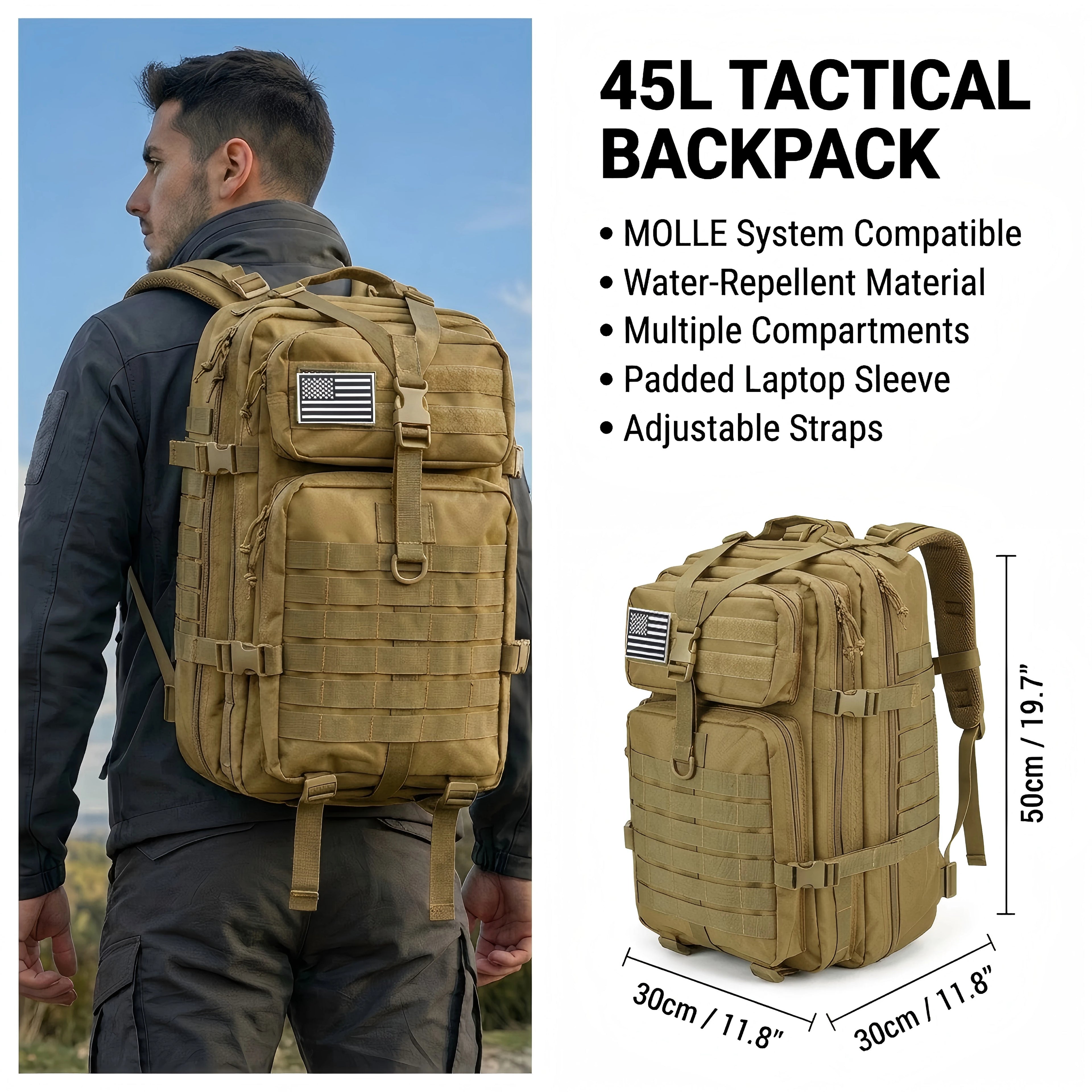 Men 45L Tactical Hiking Backpack Molle Mountaineering Water Resistant Outdoor Camping Trekking Backpacking Bushcraft Travel Rucksack Bug Out Bag Survival Emergency Large Capacity Climbing Cycling Daypack Women Durable Wear Resistant Trail Camp Hikers