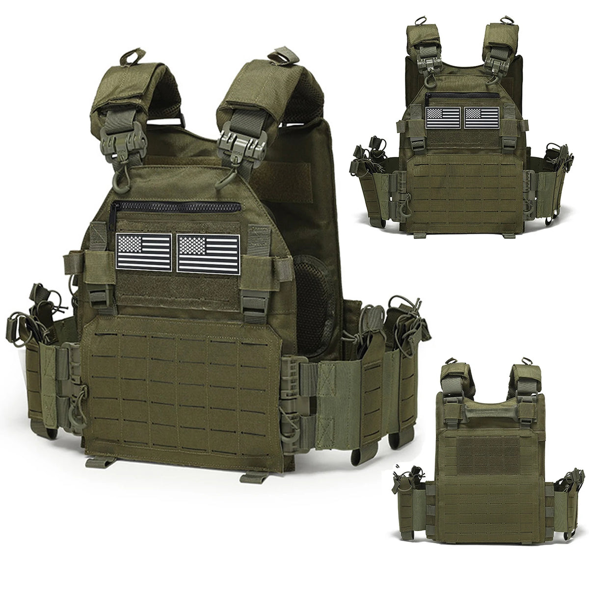 Molle quick release hunting vest with adjustable shoulder straps and waist circumference, equipped with multiple device bags