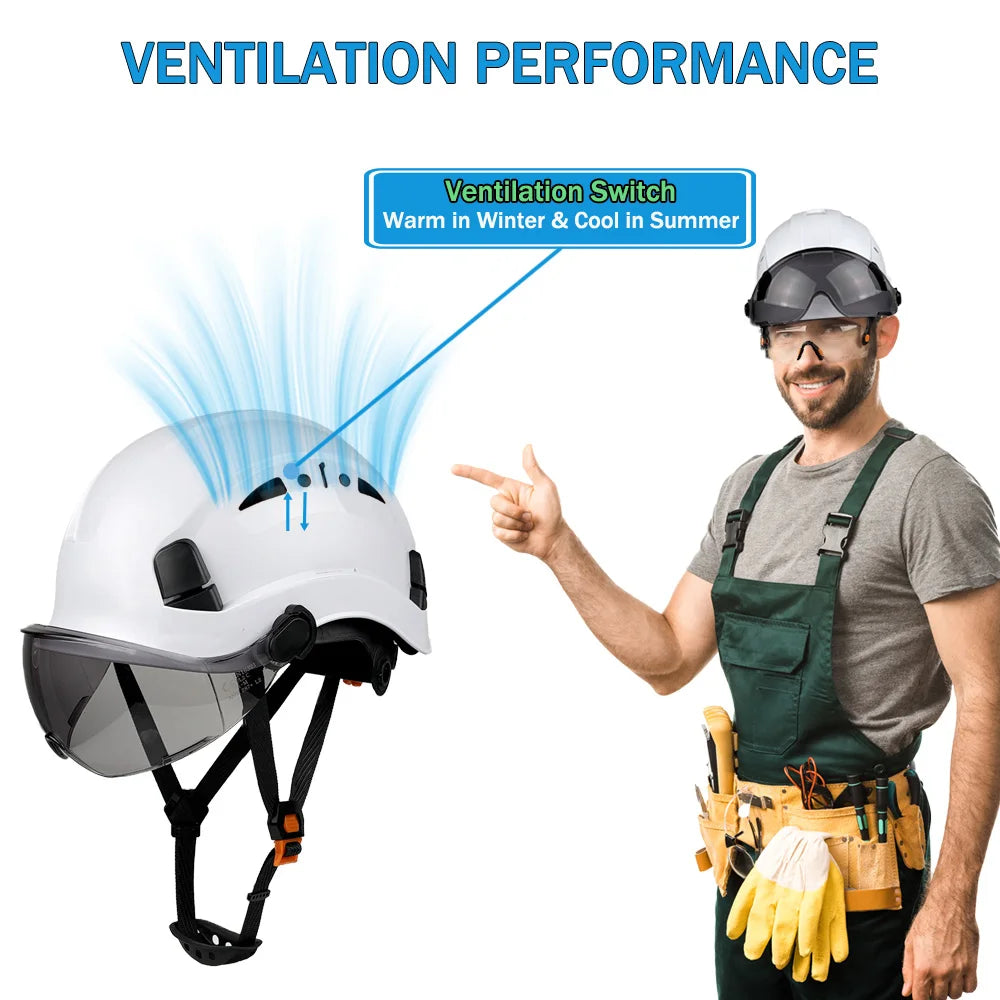 CE ANSI Summer Breathable Safety Helmet with Sun Visor Goggles Vented Construction Hard Hat Outdoor Work Protective Cap