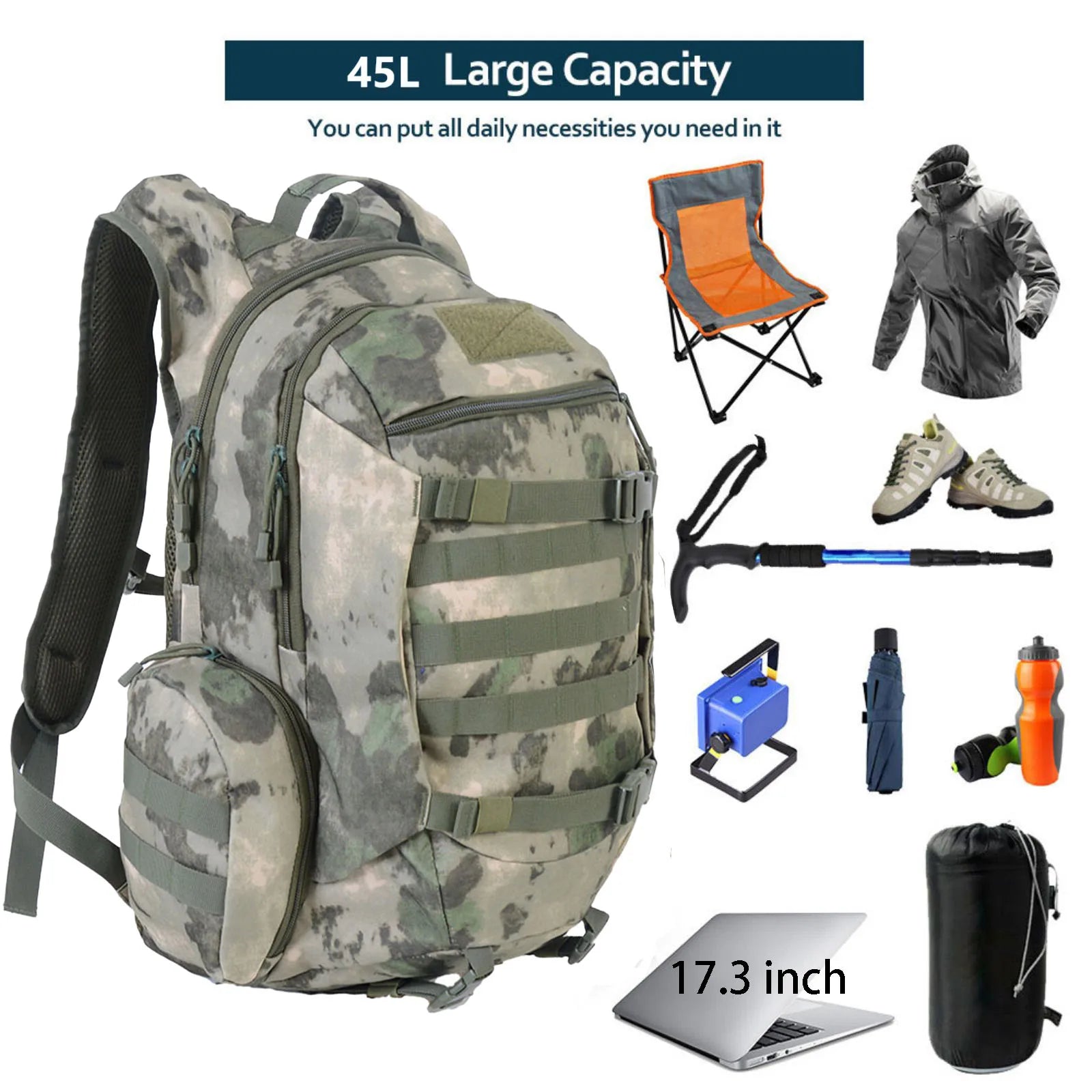 45L Waterproof Fishing Hunting Backpack Outdoor Rucksacks Tactical Sports Camping Hiking Trekking Bags