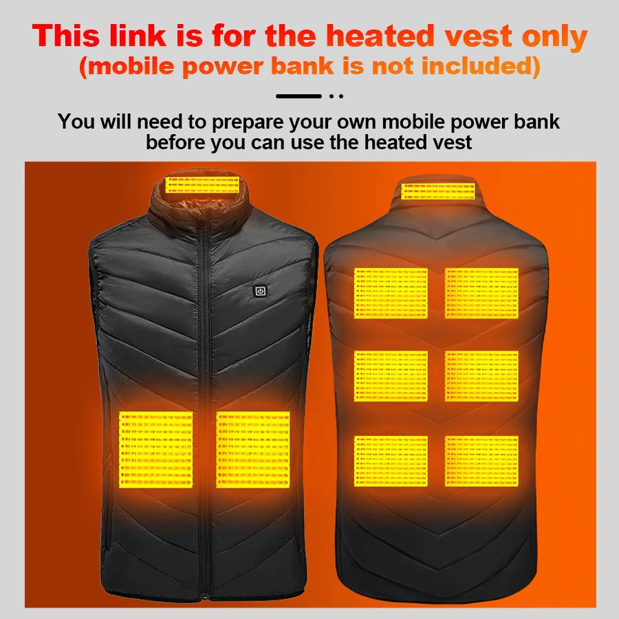 Electric Heated Hunting Vest Winter 9 Zones Smart Heated Jacket Outdoor Insulated Vest Thermal Warm Coat Camping No Battery Pack