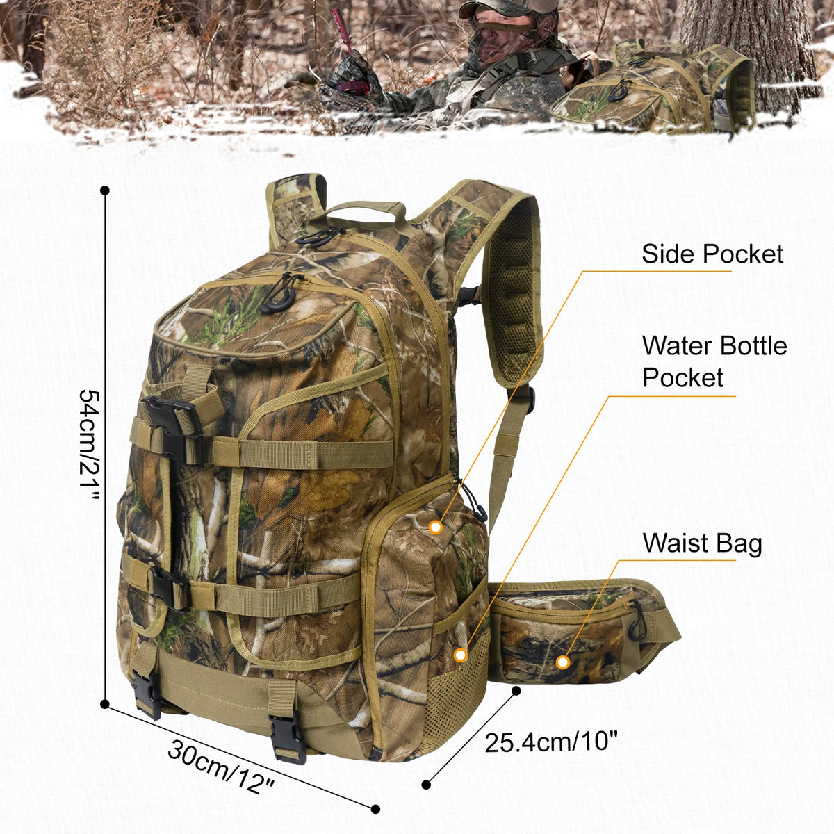 WESTTUNE 35L Outdoor Backpack Waterproof Camouflage Camping Hiking Backpack Hunting Tactical Backpack for Bow Gun Carry System