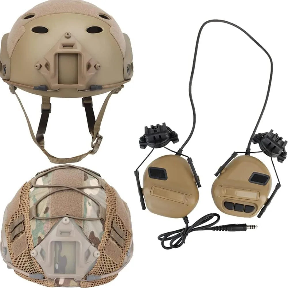 Airsoft Paintball Tactical Helmet Set PJ Type Fast Lightweight Protective Helmet with Airsoft Headset & Signal Flashlight Goggle