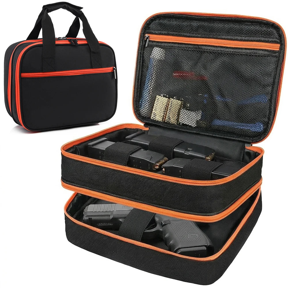 Gun Carry Case Tactical Double Layer Bag with Pistol Magazine Holster EDC Organizer Portable Handgun Weapons Transport Case