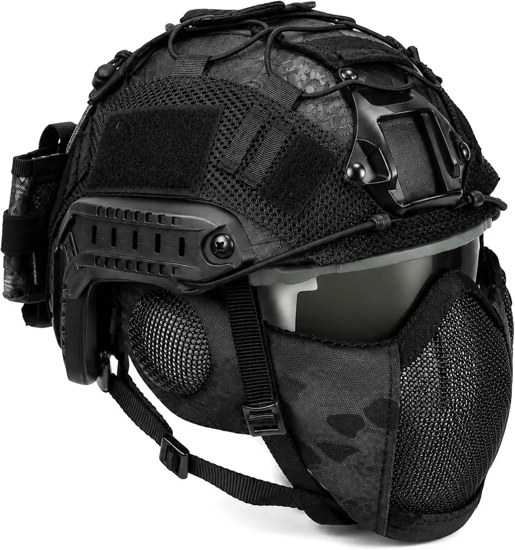 Tactical Airsoft Helmet Set with Mesh Mask Goggles Helmet Cover Rear Battery Pouch with for Paintball Hunting Military Training