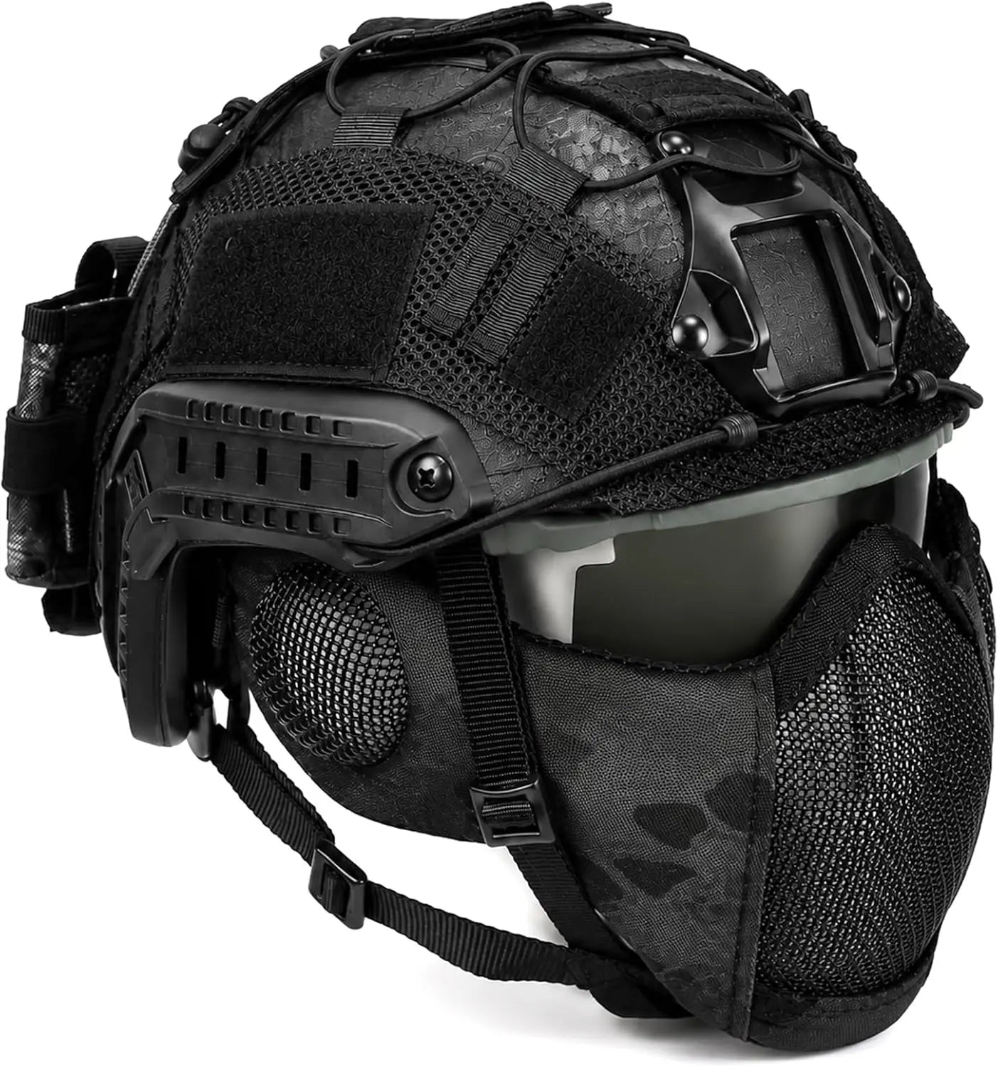 Tactical Airsoft Helmet Set with Mesh Mask Goggles Helmet Cover Rear Battery Pouch with for Paintball Hunting Military Training