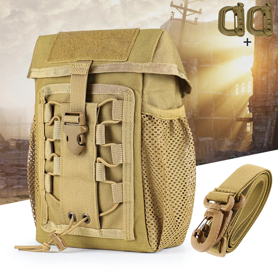 Outdoor equipment storage bag with multiple compartments and tools, comes with side mesh pockets and adjustable shoulder straps