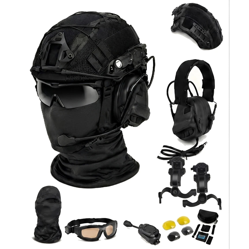Full Tactical Airsoft Helmet Set with Communication Headset Goggles Rail-Mounted Light for Paintball CS Cosplay Outdoor Sports